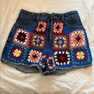 Farm Rio Colorful Crochet Patchwork Denim Shorts